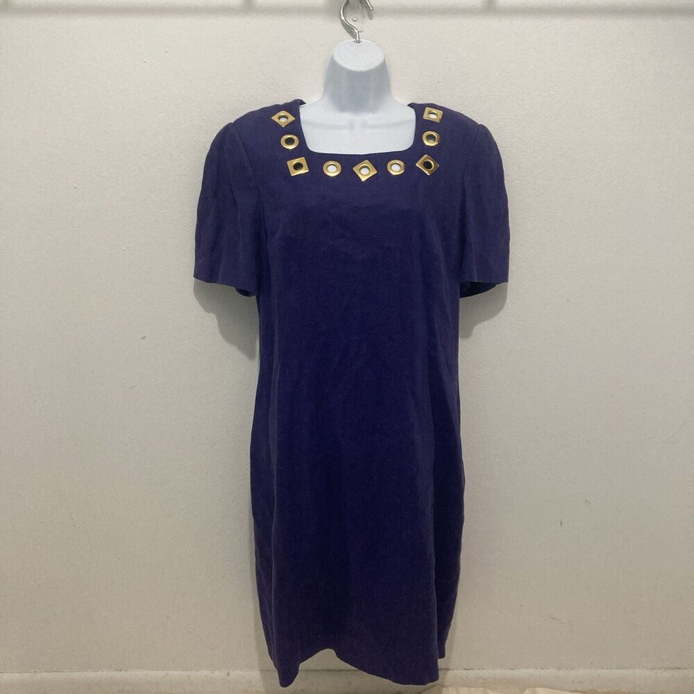 Vintage LIZ CLAIBORNE purple gold tone grommets square neck linen shift dress 14